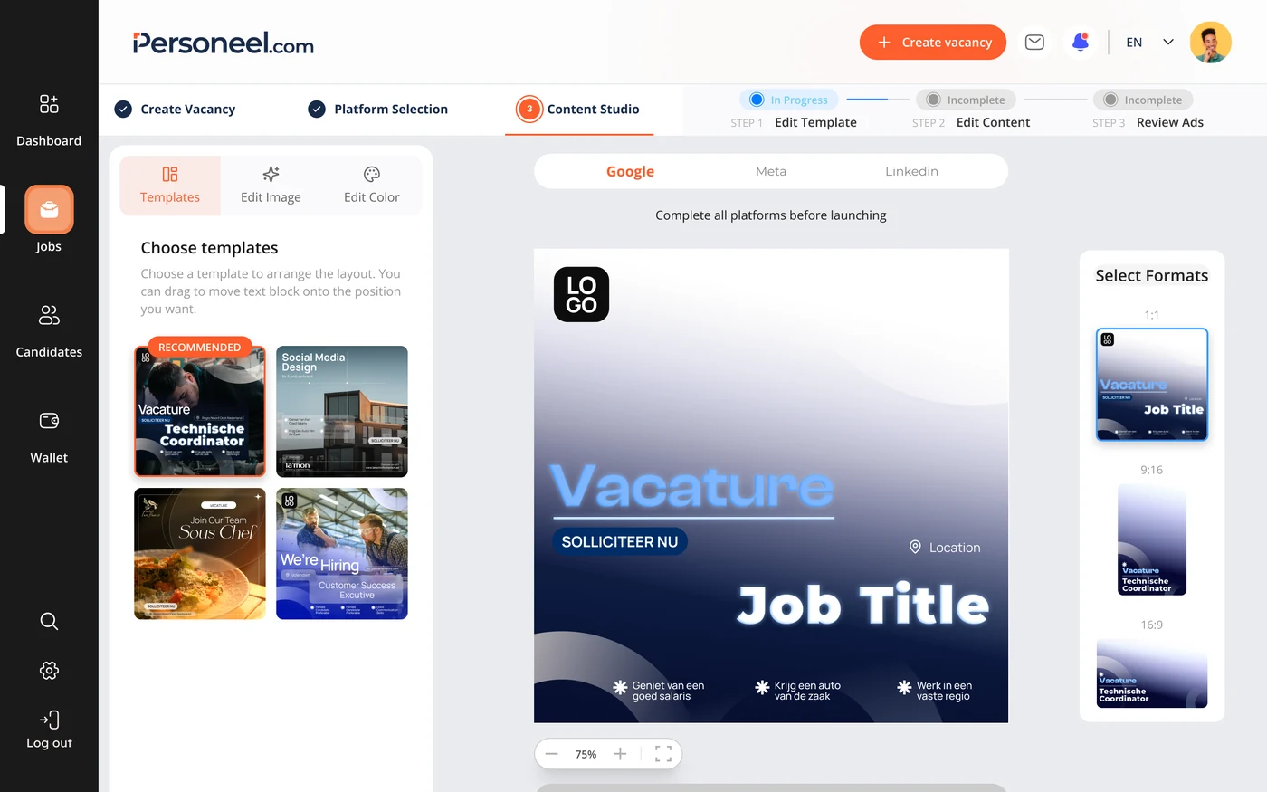 Content Studio iteration 2 — step-by-step wizard with template, edit-image and edit-color steps
