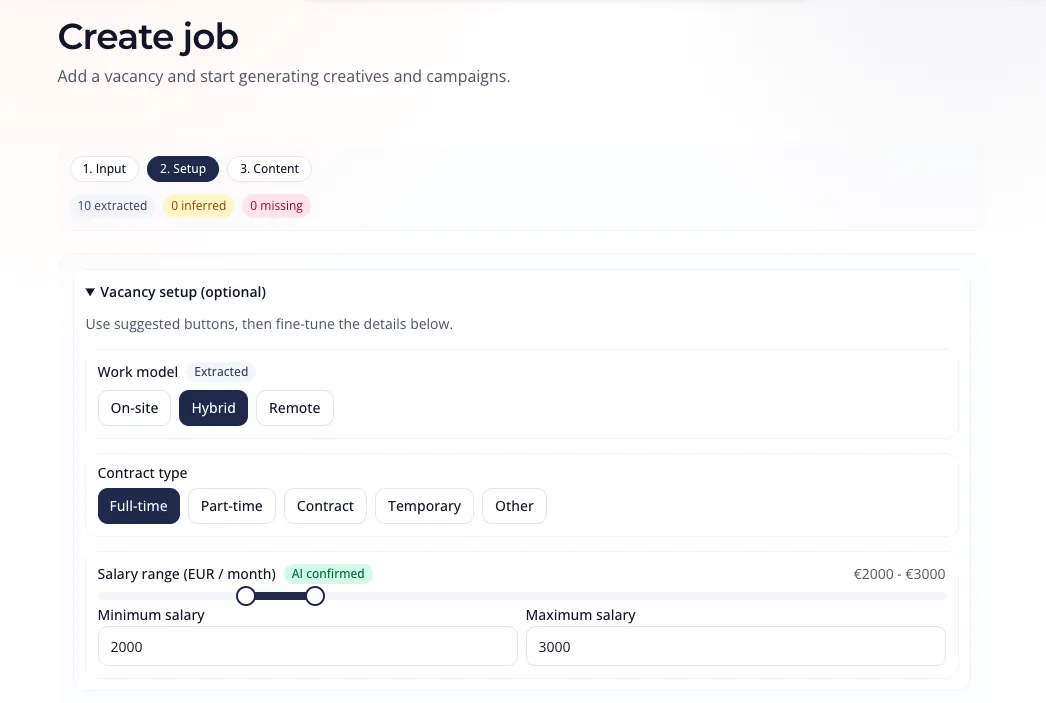 Create job — vacancy setup screen showing extracted fields, work model, contract type, and salary range