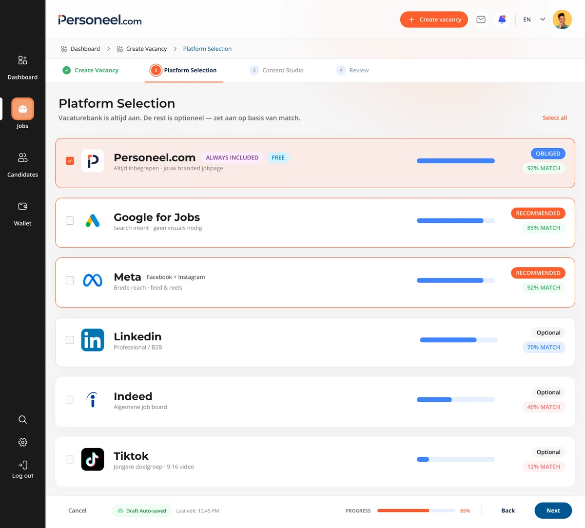 Redesigned Platform Selection — Personeel.com always included, Google for Jobs and Meta recommended with match scores, plus optional LinkedIn, Indeed and TikTok