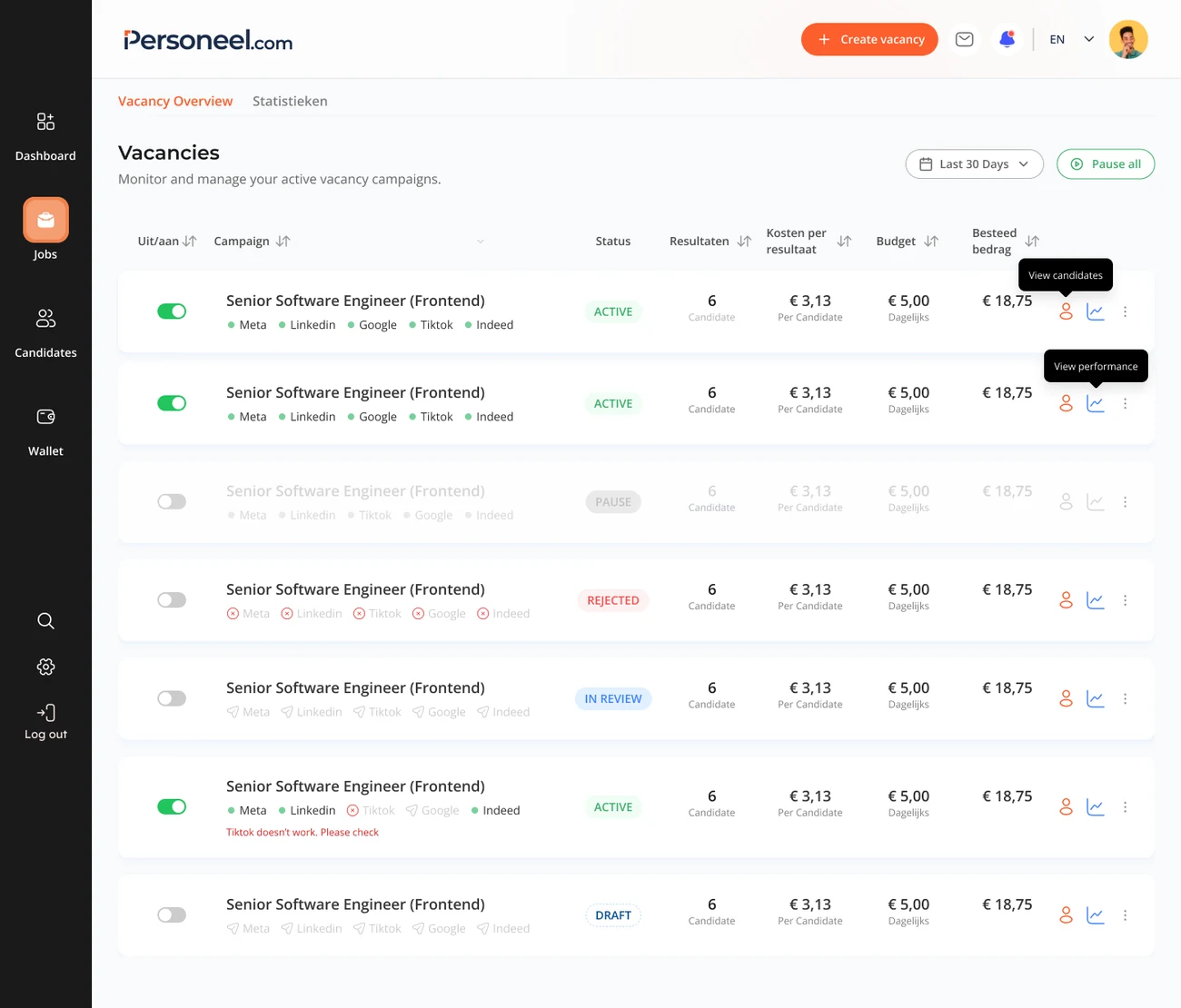 Vacancies Overview dashboard — campaigns with status, results, cost per result, budget and spend, plus inline platform-level failure messages